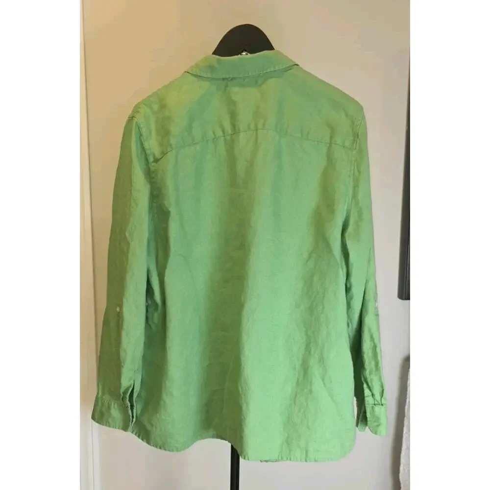 Talbots Linen Button Up Shirt Green Roll Tab Long Sleeve Womens Plus 2X - Picture 2 of 10